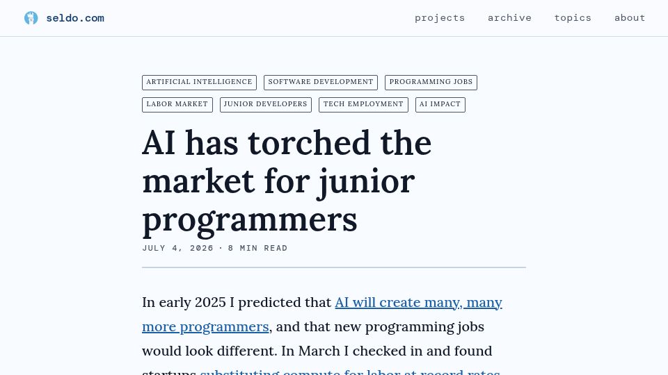 Screenshot of seldo.com: AI has torched the market for junior programmers