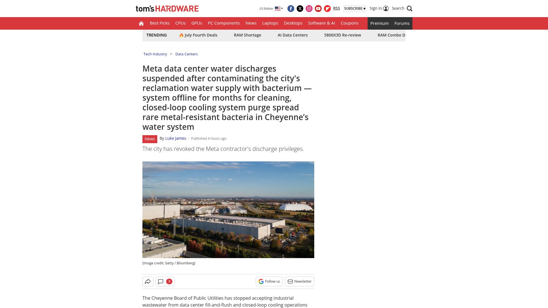 Screenshot of tomshardware.com: Meta data center water discharges suspended for contaminating water supply