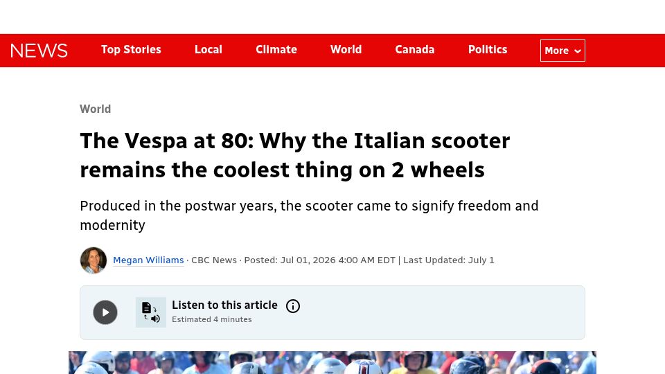 Screenshot of cbc.ca: The Vespa at 80