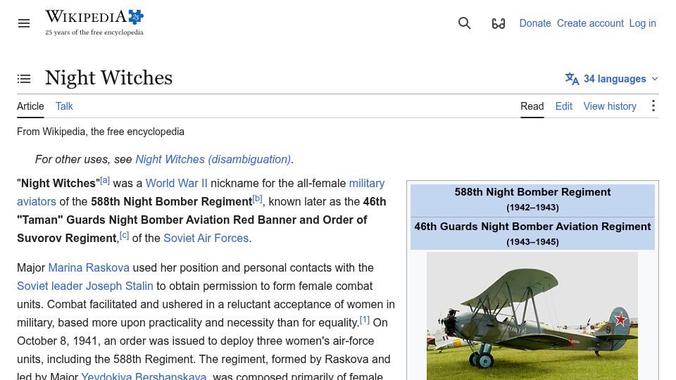 Screenshot of en.wikipedia.org: Night Witches – all-female Soviet aviator regiment WW2