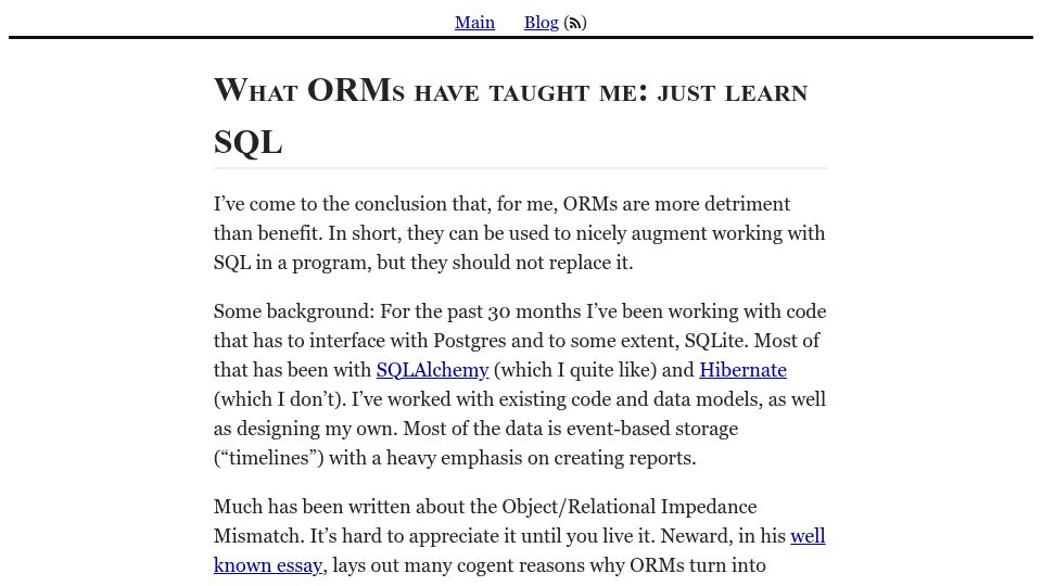 Screenshot of wozniak.ca: What ORMs have taught me: just learn SQL (2014)