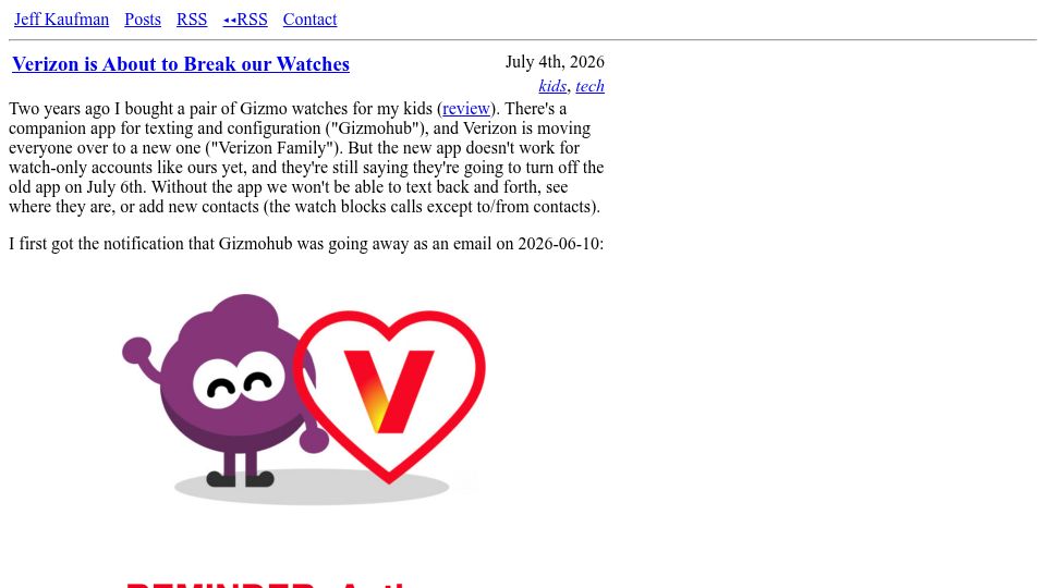 Screenshot of jefftk.com: Verizon is about to break our Gizmo watches