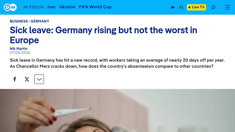 Screenshot of dw.com: Sick leave: Germany rising but not the worst in Europe