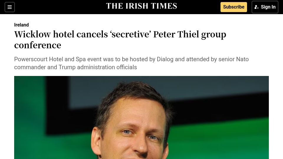 Screenshot of irishtimes.com: Wicklow hotel cancels 'secretive' Peter Thiel group conference