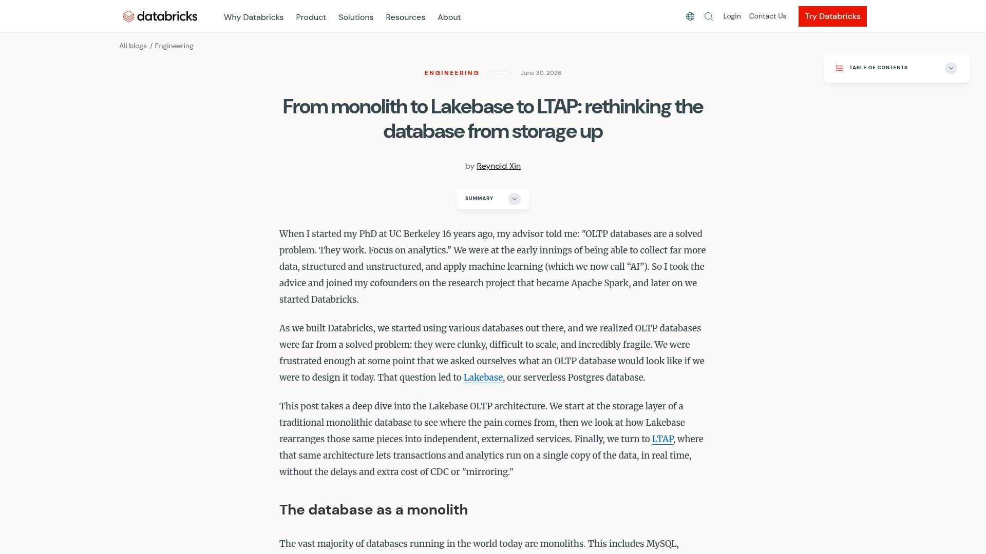 Screenshot of databricks.com: Postgres data stored in Parquet on S3: LTAP architecture explained