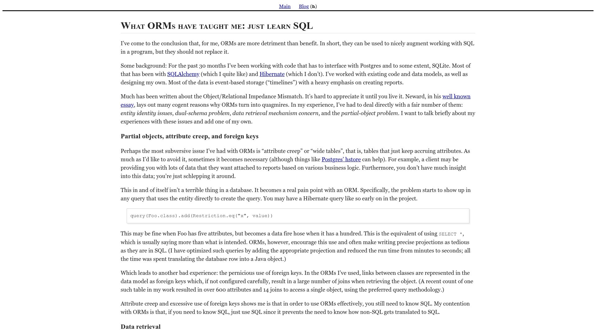 Screenshot of wozniak.ca: What ORMs have taught me: just learn SQL (2014)