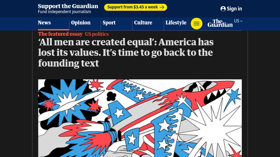Screenshot of theguardian.com: 'All men are created equal': America has lost its values. It's time to go back