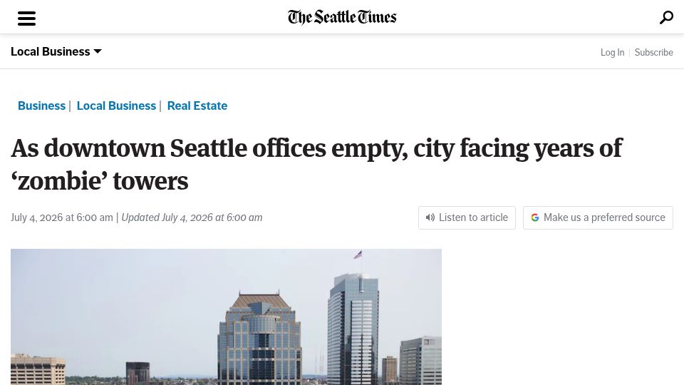 Screenshot of seattletimes.com: As downtown Seattle offices empty, city facing years of 'zombie' towers