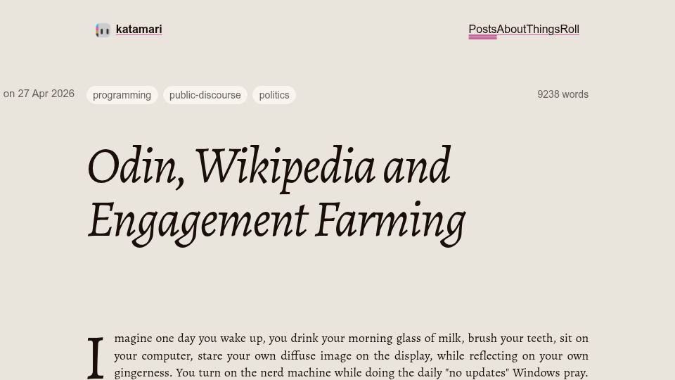 Screenshot of katamari64.se: Odin, Wikipedia and engagement farming