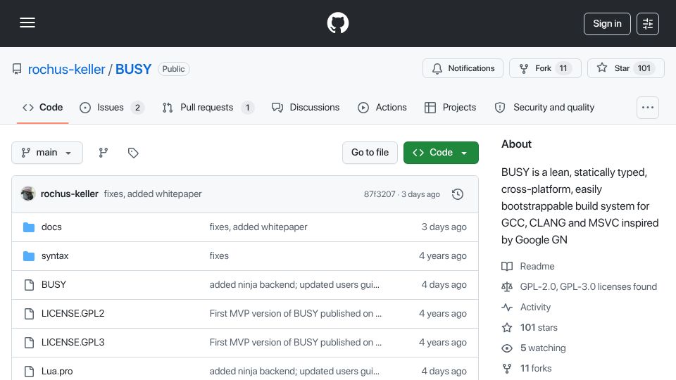 Screenshot of github.com: Show HN: A statically typed, cross-platform, easily bootstrappable build system