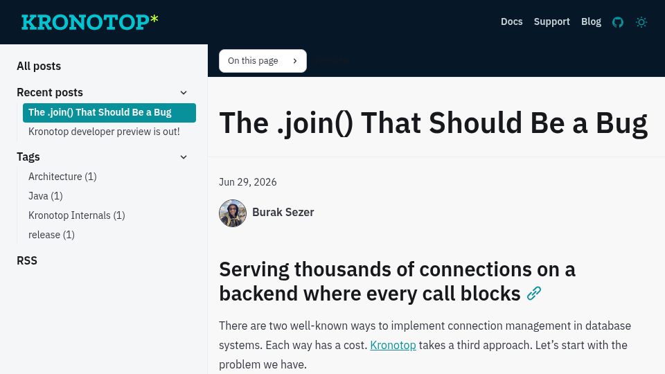 Screenshot of kronotop.com: The .join() that should be a bug
