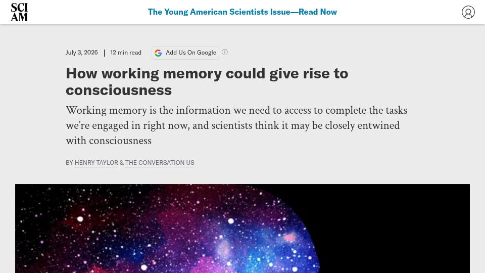Screenshot of scientificamerican.com: How working memory could give rise to consciousness