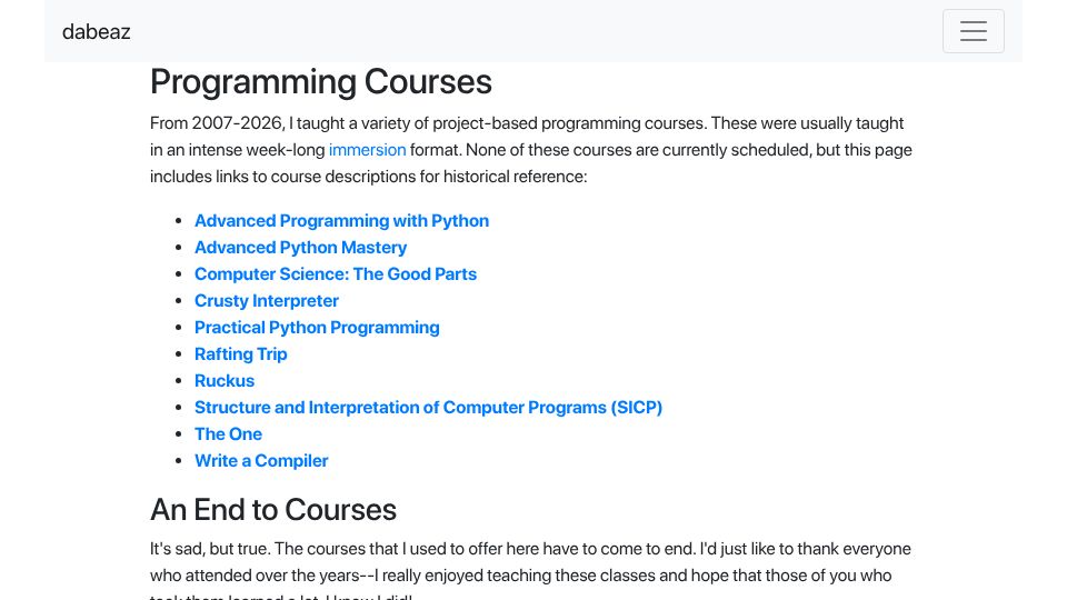 Screenshot of dabeaz.com: David Beazley – Programming Courses
