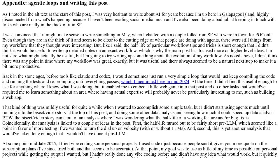 Screenshot of danluu.com: Agentic coding notes from Galapagos Island