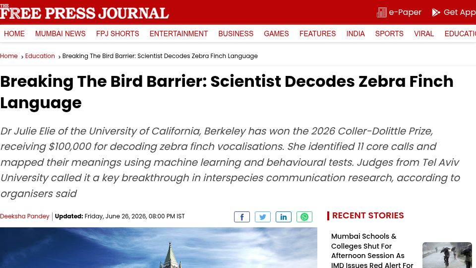 Screenshot of freepressjournal.in: Breaking the Bird Barrier: Scientist Decodes Zebra Finch Language