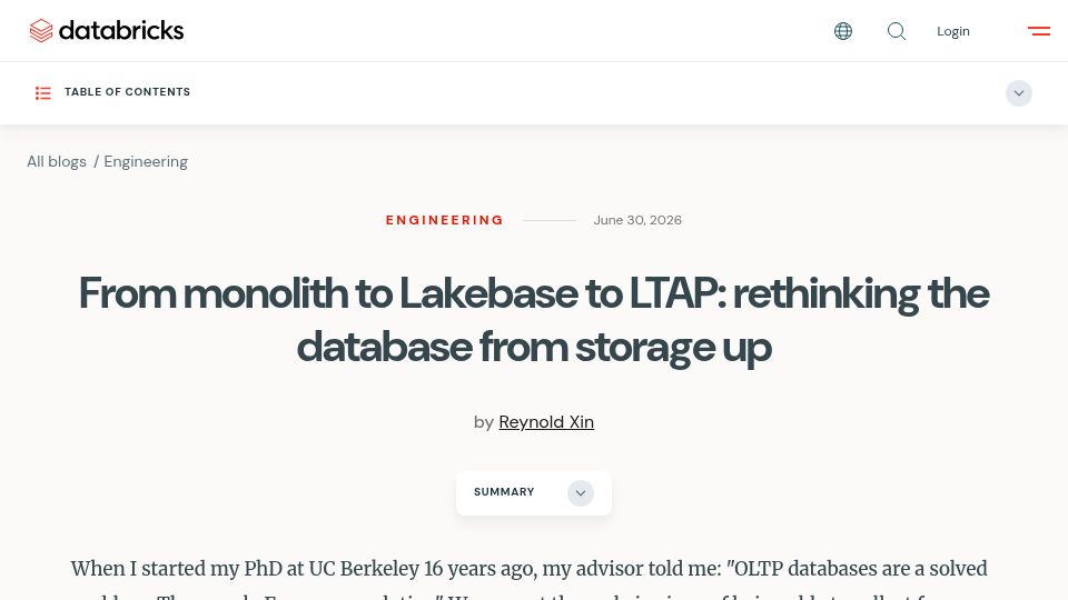 Screenshot of databricks.com: Postgres data stored in Parquet on S3: LTAP architecture explained