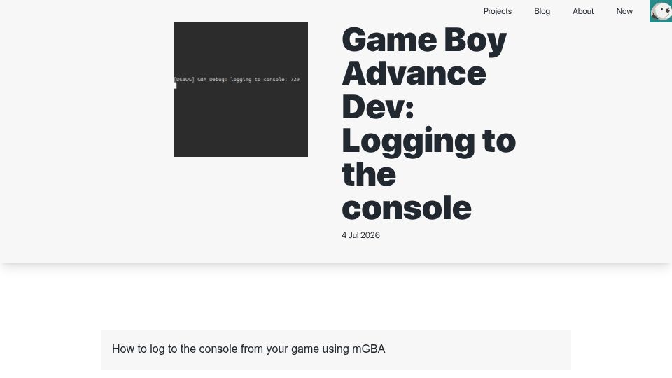 Screenshot of mattgreer.dev: Game Boy Advance Dev: Logging to the Console