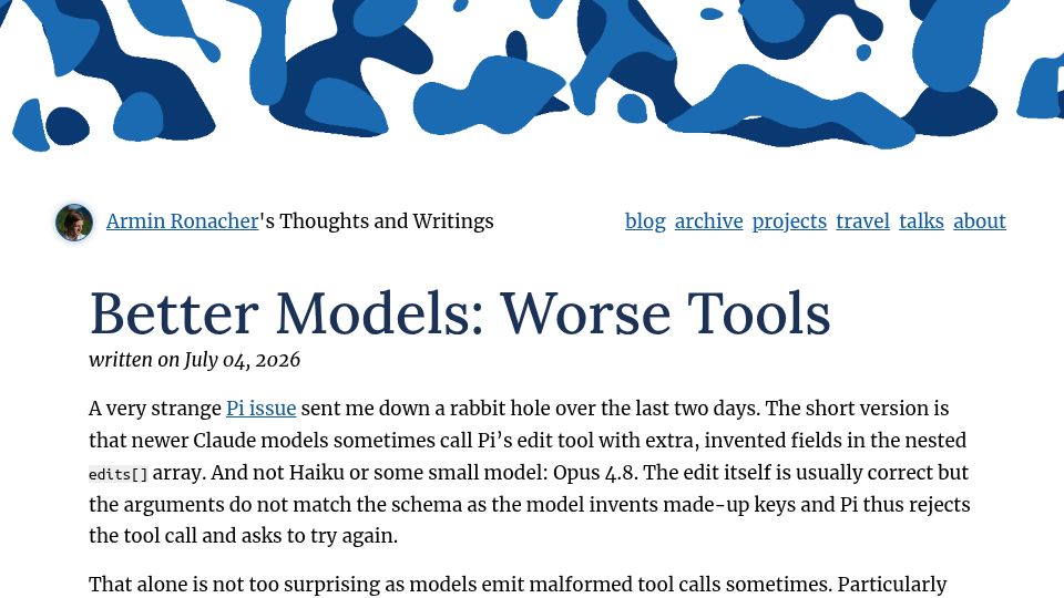 Screenshot of lucumr.pocoo.org: Better Models: Worse Tools