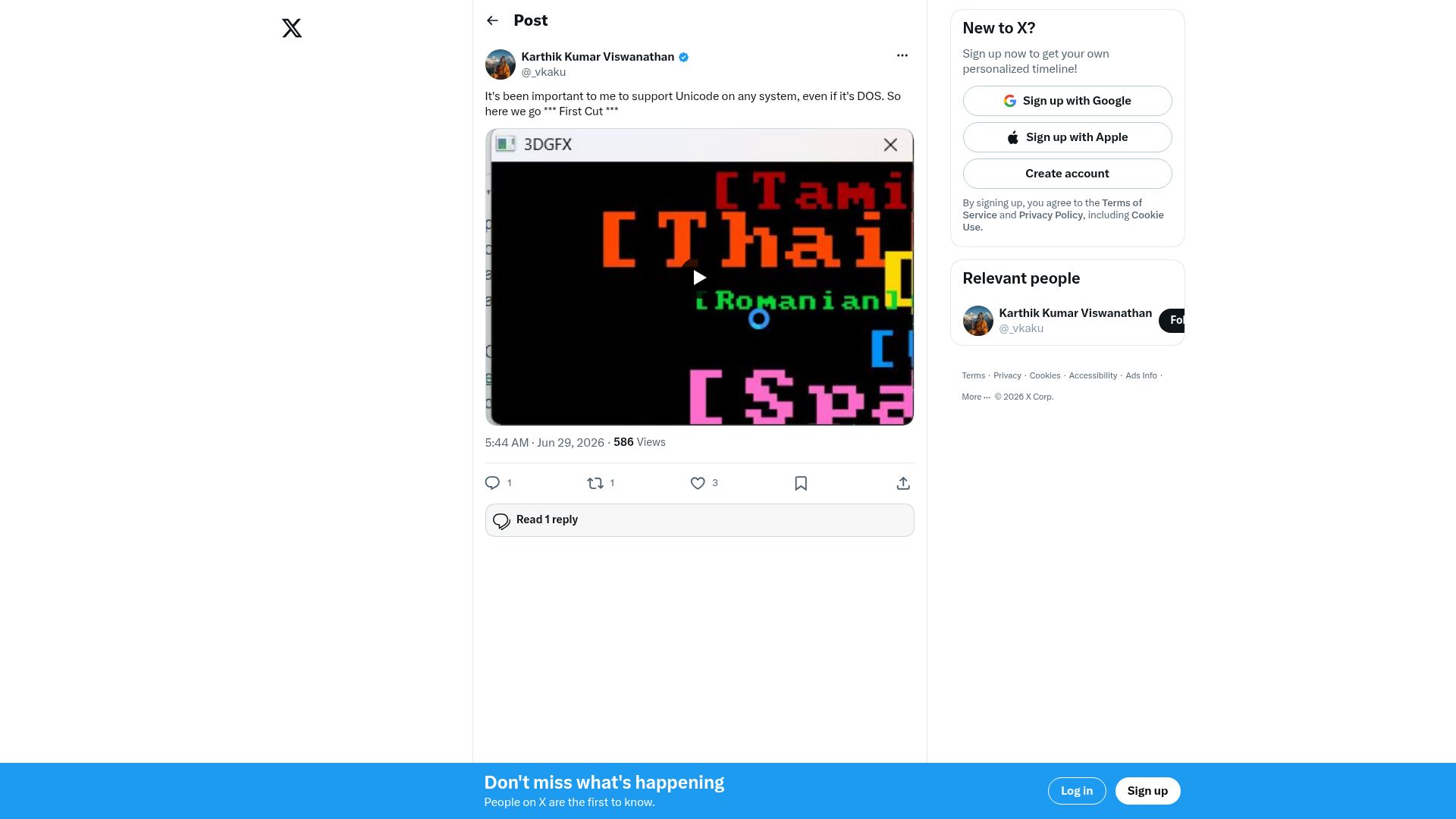 Screenshot of twitter.com: You can get Unicode working on DOS