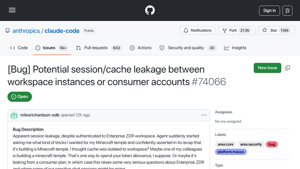 Screenshot of github.com: Potential session/cache leakage between workspace instances or consumer accounts