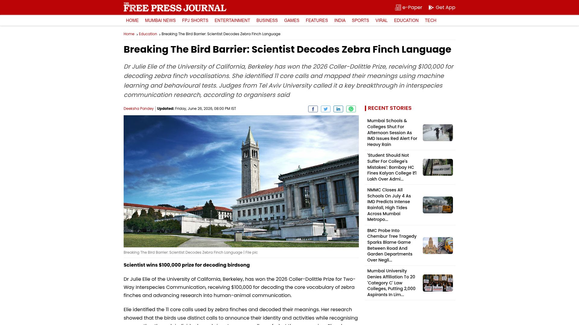 Screenshot of freepressjournal.in: Breaking the Bird Barrier: Scientist Decodes Zebra Finch Language