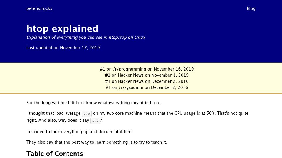 Screenshot of peteris.rocks: Explanation of everything you can see in htop/top on Linux (2019)