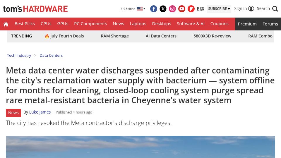 Screenshot of tomshardware.com: Meta data center water discharges suspended for contaminating water supply