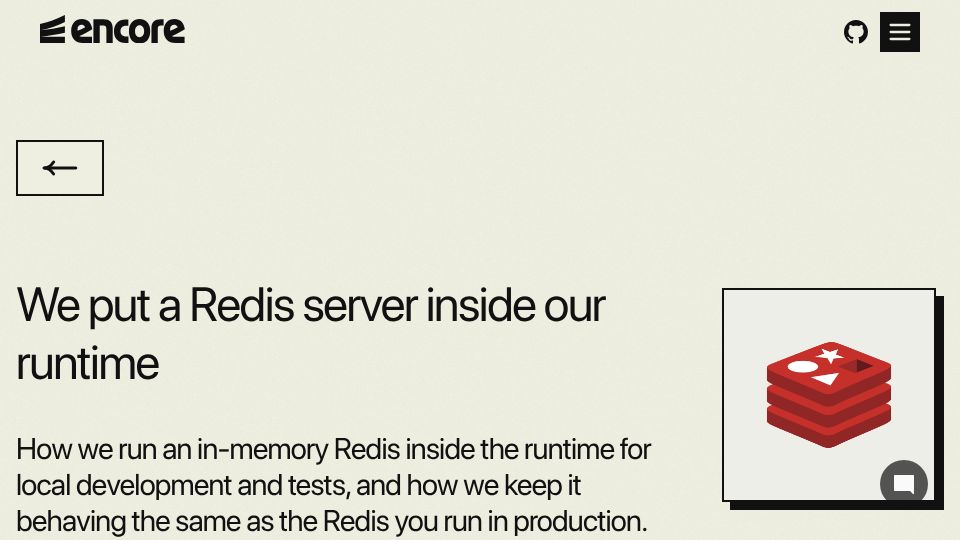 Screenshot of encore.dev: We put a Redis server inside our runtime