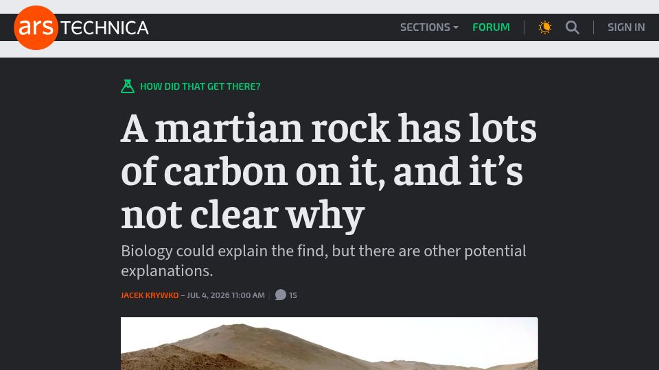 Screenshot of arstechnica.com: A martian rock has lots of carbon on it, and it's not clear why