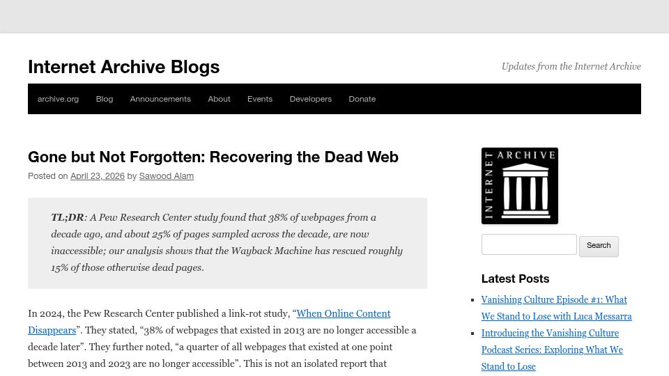 Screenshot of blog.archive.org: Gone but Not Forgotten: Recovering the Dead Web