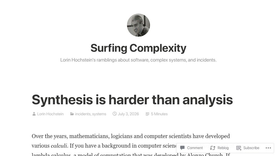 Screenshot of surfingcomplexity.blog: Synthesis is harder than analysis