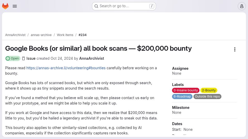 Screenshot of software.annas-archive.gl: Google Books (or similar) all book scans – $200k bounty (2025)