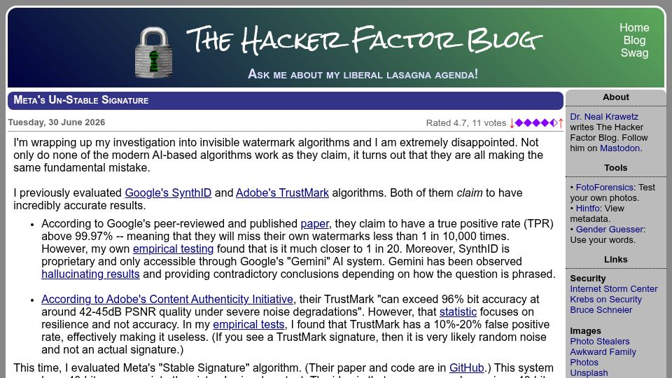 Screenshot of hackerfactor.com: Meta's Un-Stable Signature