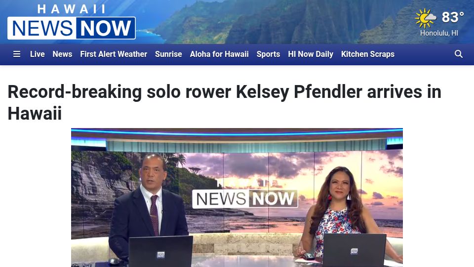 Screenshot of hawaiinewsnow.com: Record-breaking solo rower Kelsey Pfendler arrives in Hawaii