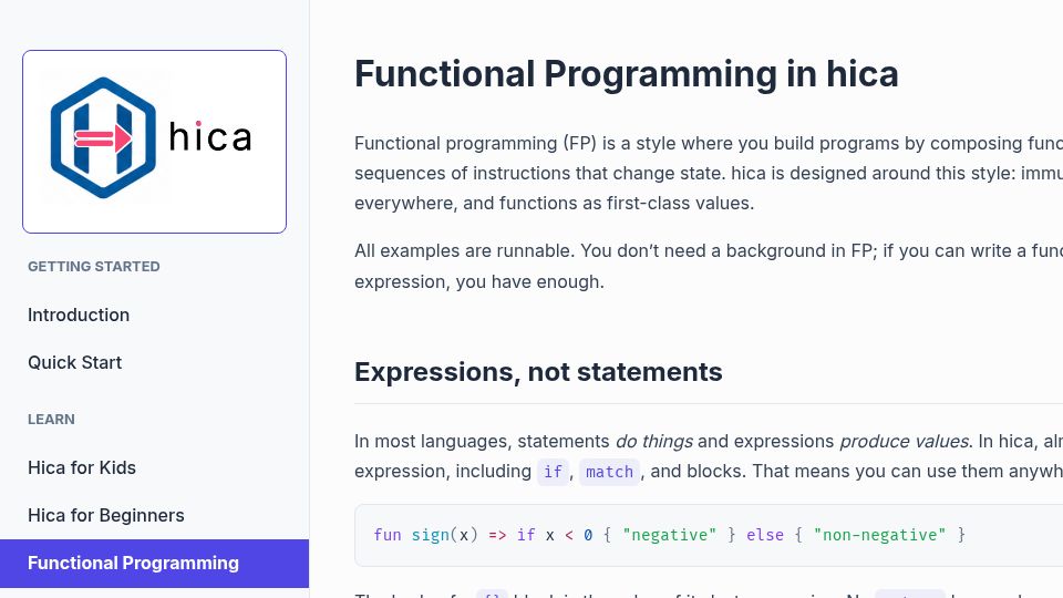 Screenshot of hica.dev: Functional Programming in hica