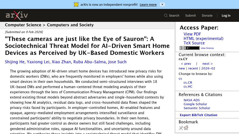 Screenshot of arxiv.org: A sociotechnical threat model for AI-driven smart home devices