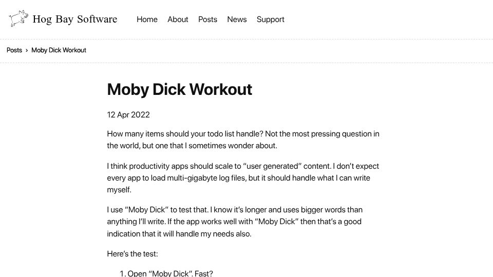 Screenshot of hogbaysoftware.com: Moby Dick Workout (2022)