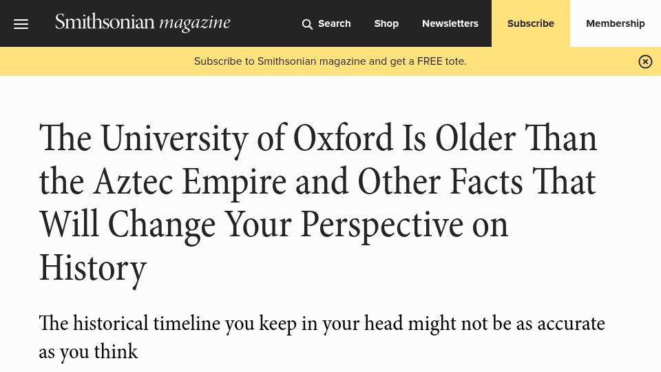 Screenshot of smithsonianmag.com: University of Oxford Is Older Than the Aztec Empire and Other Facts of History (2013)