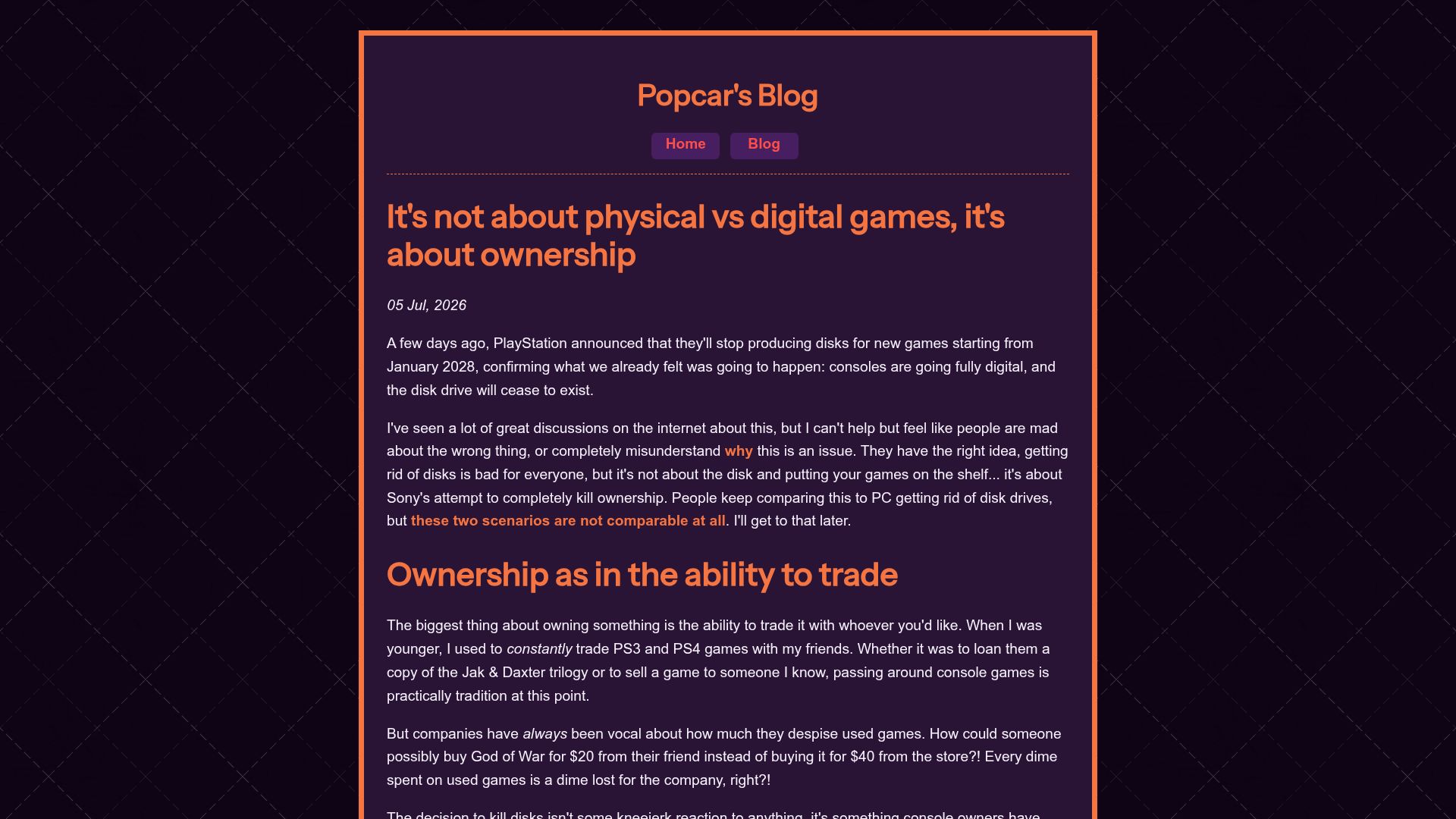 Screenshot of popcar.bearblog.dev: It's not about physical vs. digital games, it's about ownership