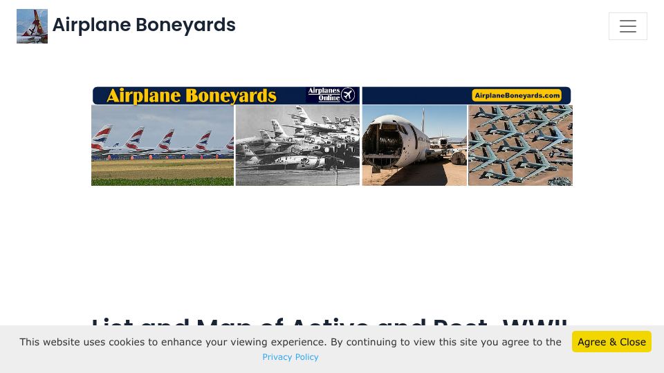 Screenshot of airplaneboneyards.com: Airplane Boneyards List and Map