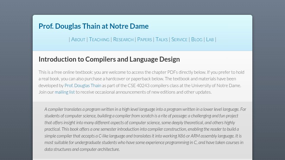 Screenshot of dthain.github.io: Introduction to Compilers and Language Design (2021)
