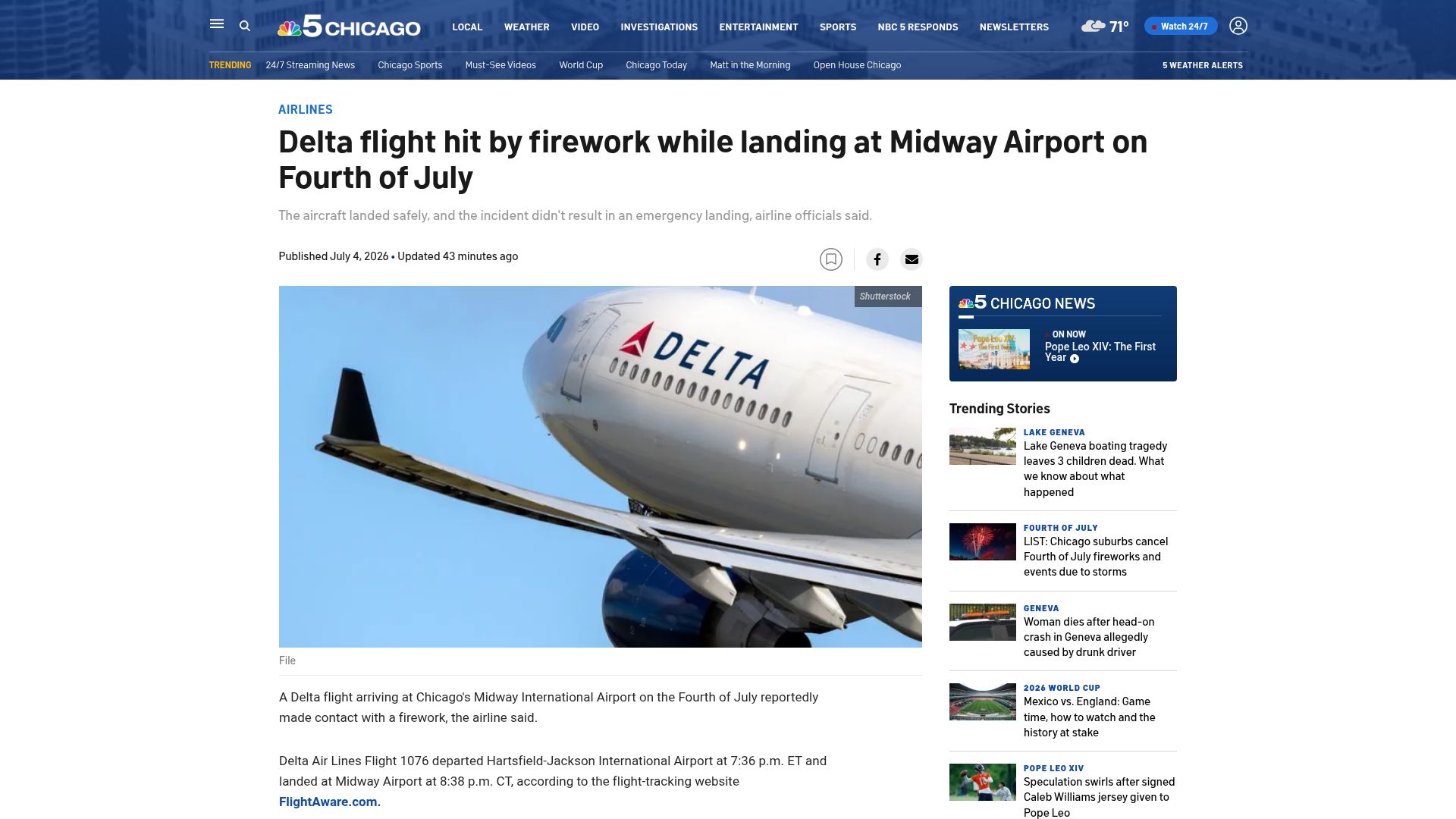 Screenshot of nbcchicago.com: Delta flight hit by firework while landing at Midway Airport on Fourth of July