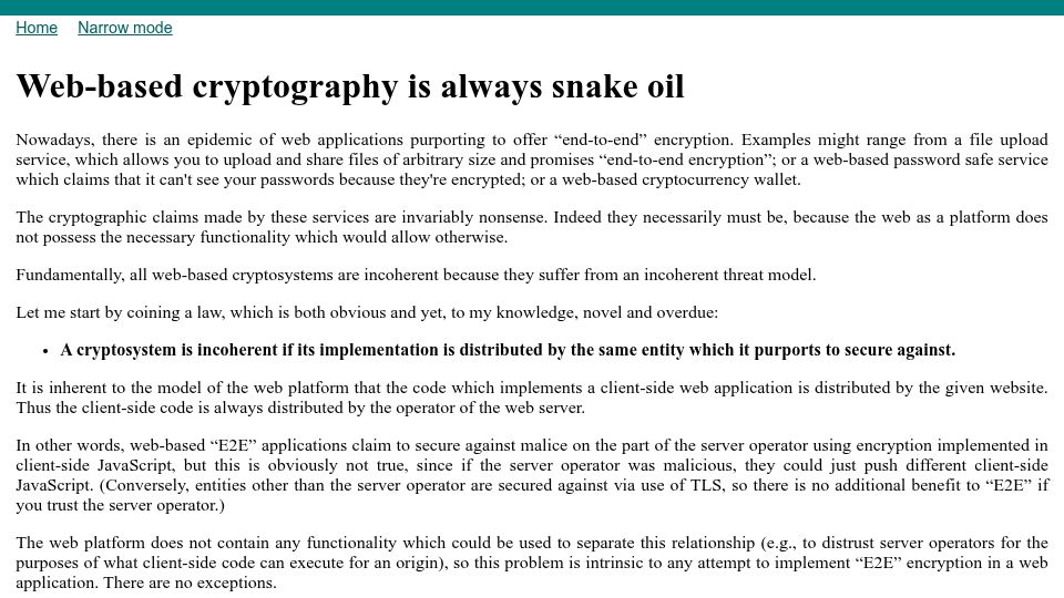 Screenshot of devever.net: Web-based cryptography is always snake oil