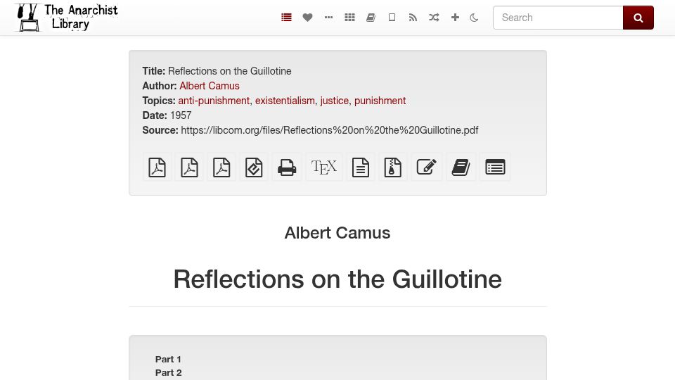 Screenshot of theanarchistlibrary.org: Reflections on the Guillotine (1957)