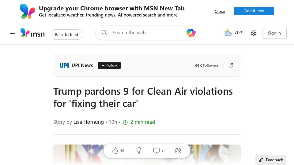 Screenshot of msn.com: President pardons 9 for Clean Air violations for 'fixing their car'