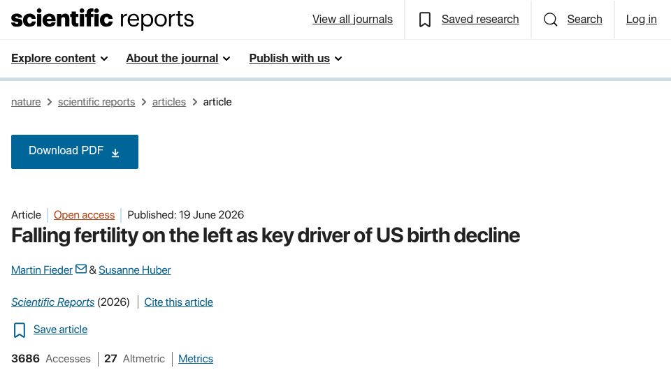 Screenshot of nature.com: Falling fertility on the left as key driver of US birth decline