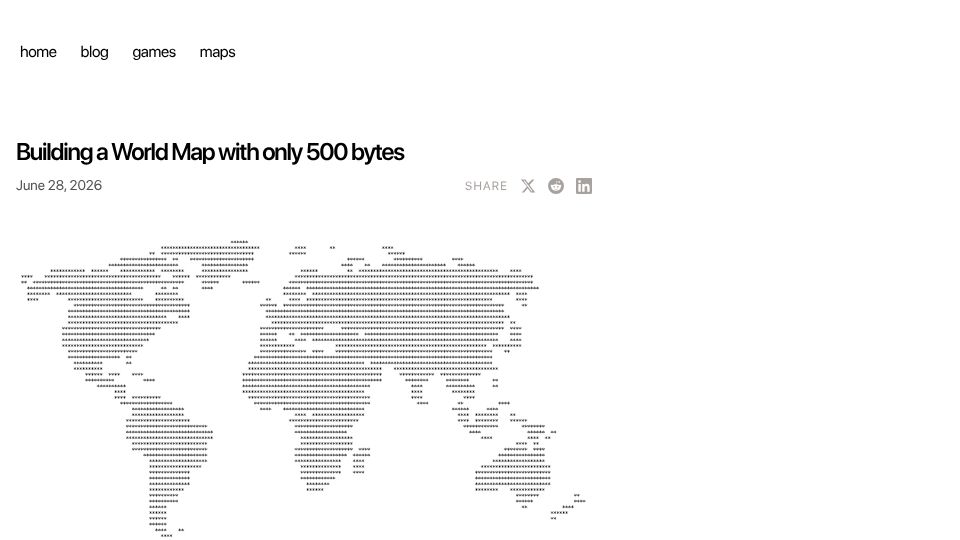 Screenshot of experimentlog.com: Can you build a recognizable World Map in under 500 bytes?