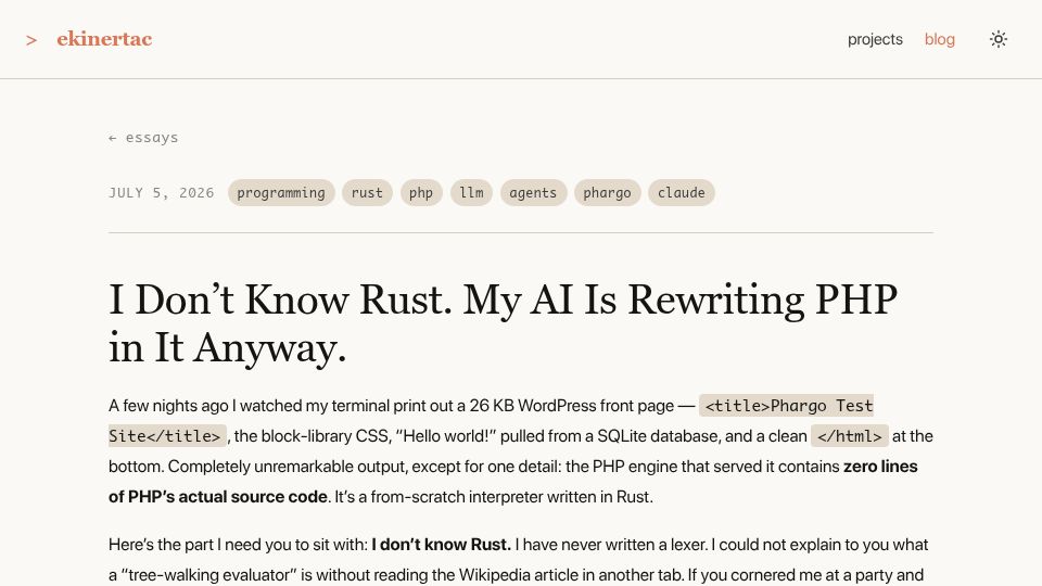Screenshot of ekinertac.com: My AI-built PHP engine in Rust passes 17% of PHP-src tests, renders WordPress