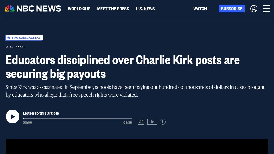 Screenshot of nbcnews.com: Educators disciplined over Charlie Kirk posts are securing big payouts