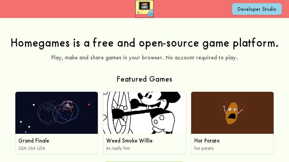 Screenshot of homegames.io: Show HN: Homegames. An open-source game platform I've been making for 8 years